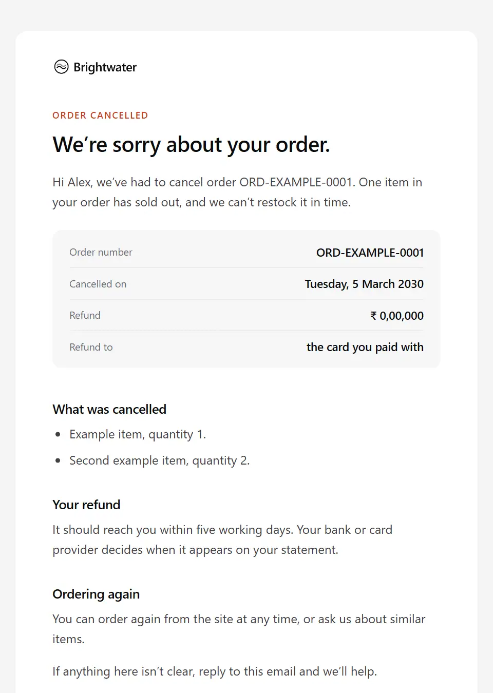 The Order cancelled by the seller template, as a recipient sees it