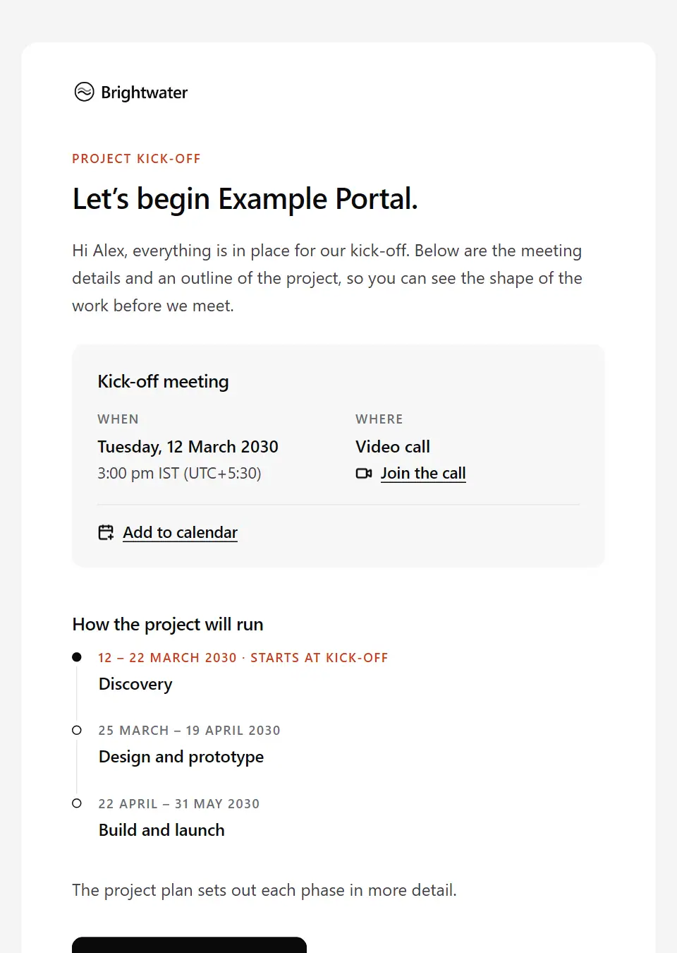 The Project kick-off template, as a recipient sees it