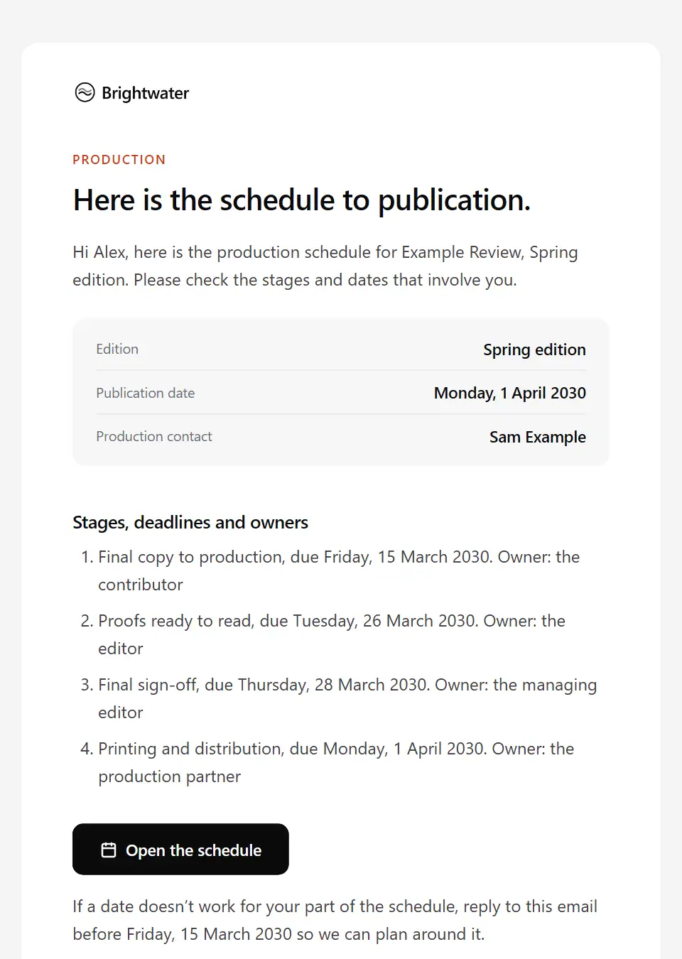 The Publication production schedule template, as a recipient sees it