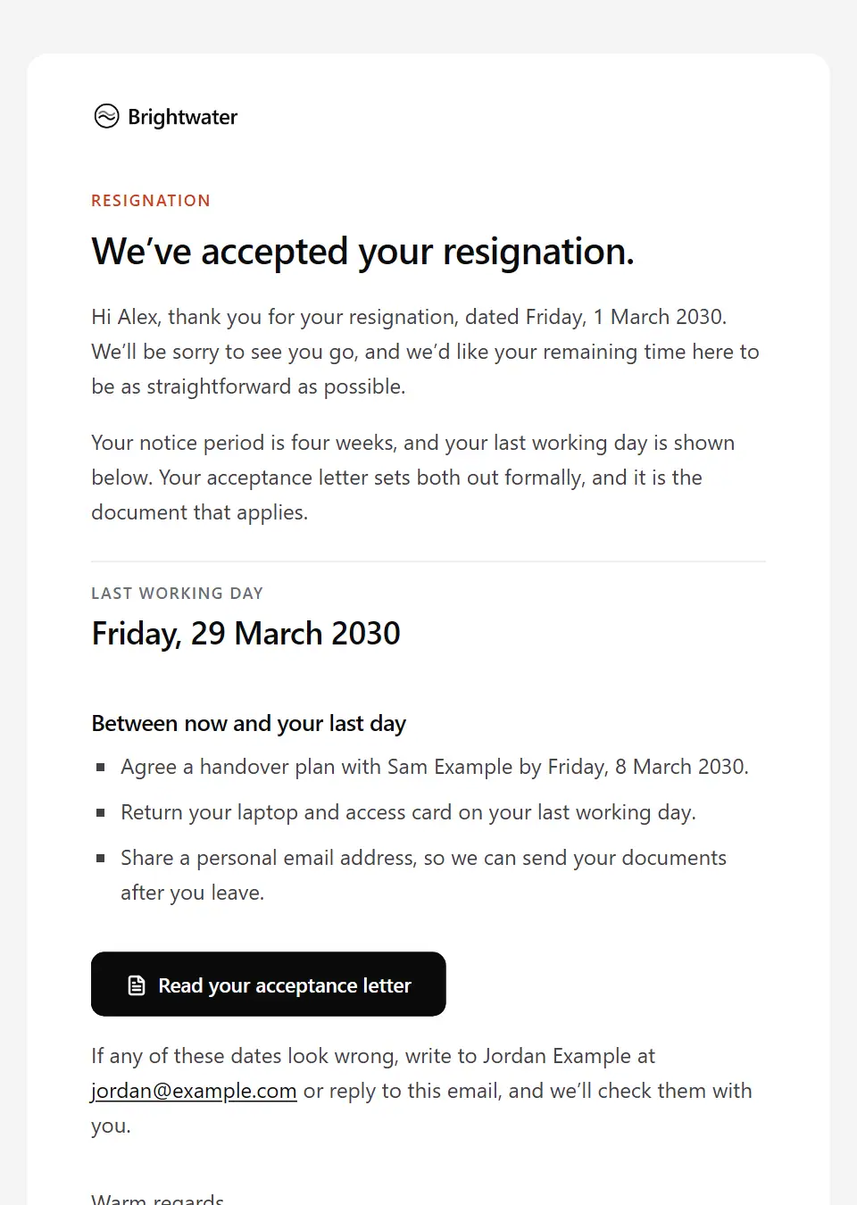 The Resignation acceptance template, as a recipient sees it