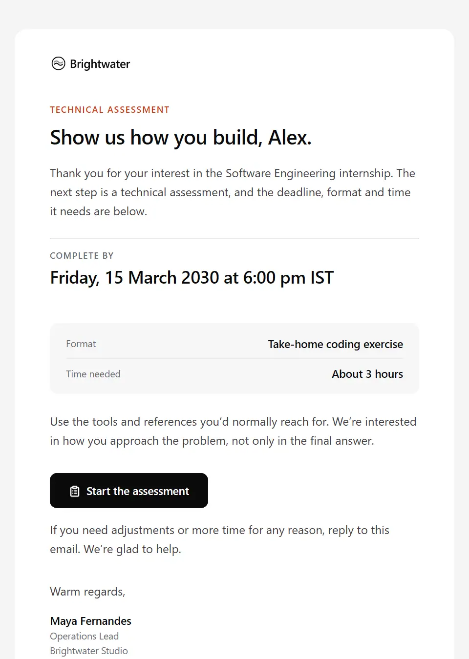 The Technical assessment invitation template, as a recipient sees it
