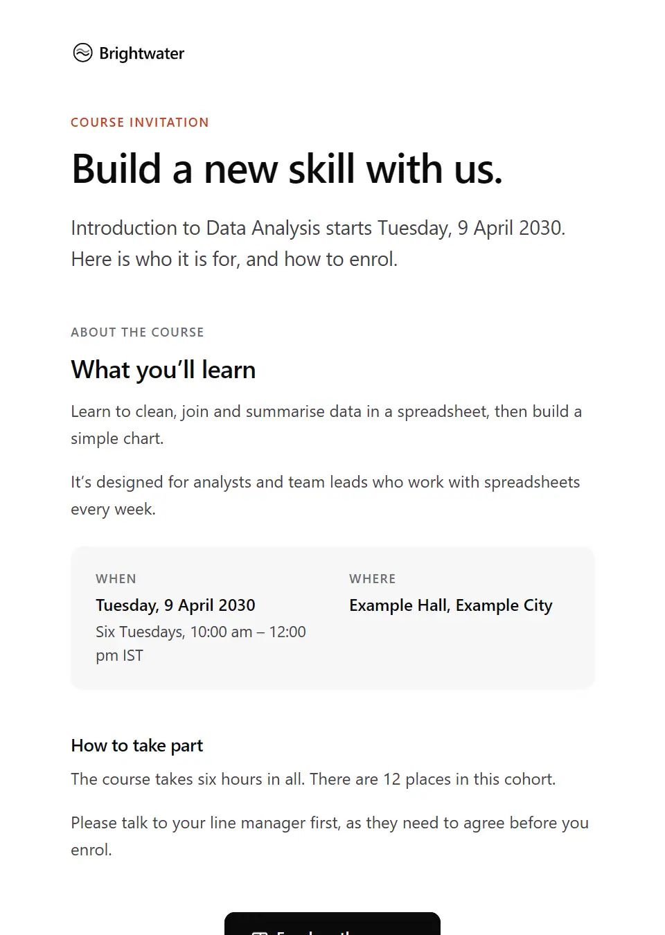 The Training course invitation template, as a recipient sees it