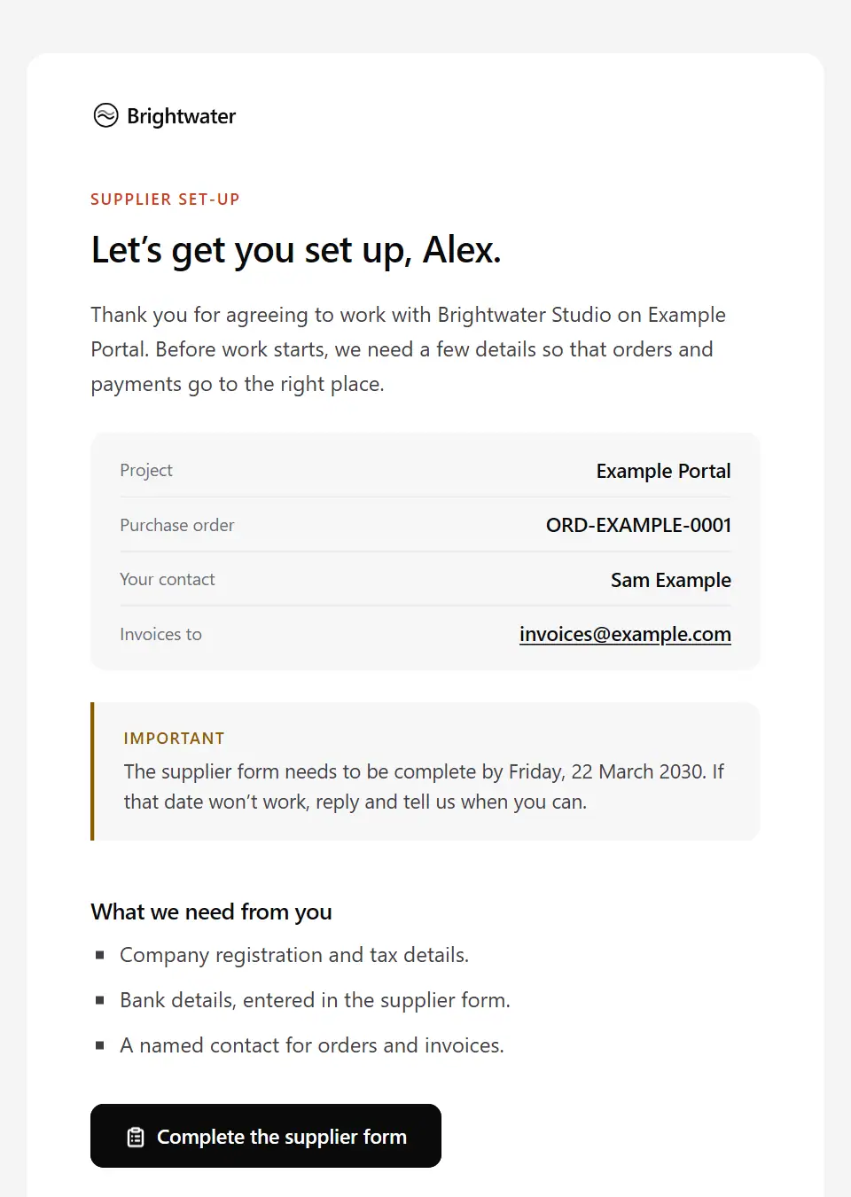 The Vendor onboarding template, as a recipient sees it