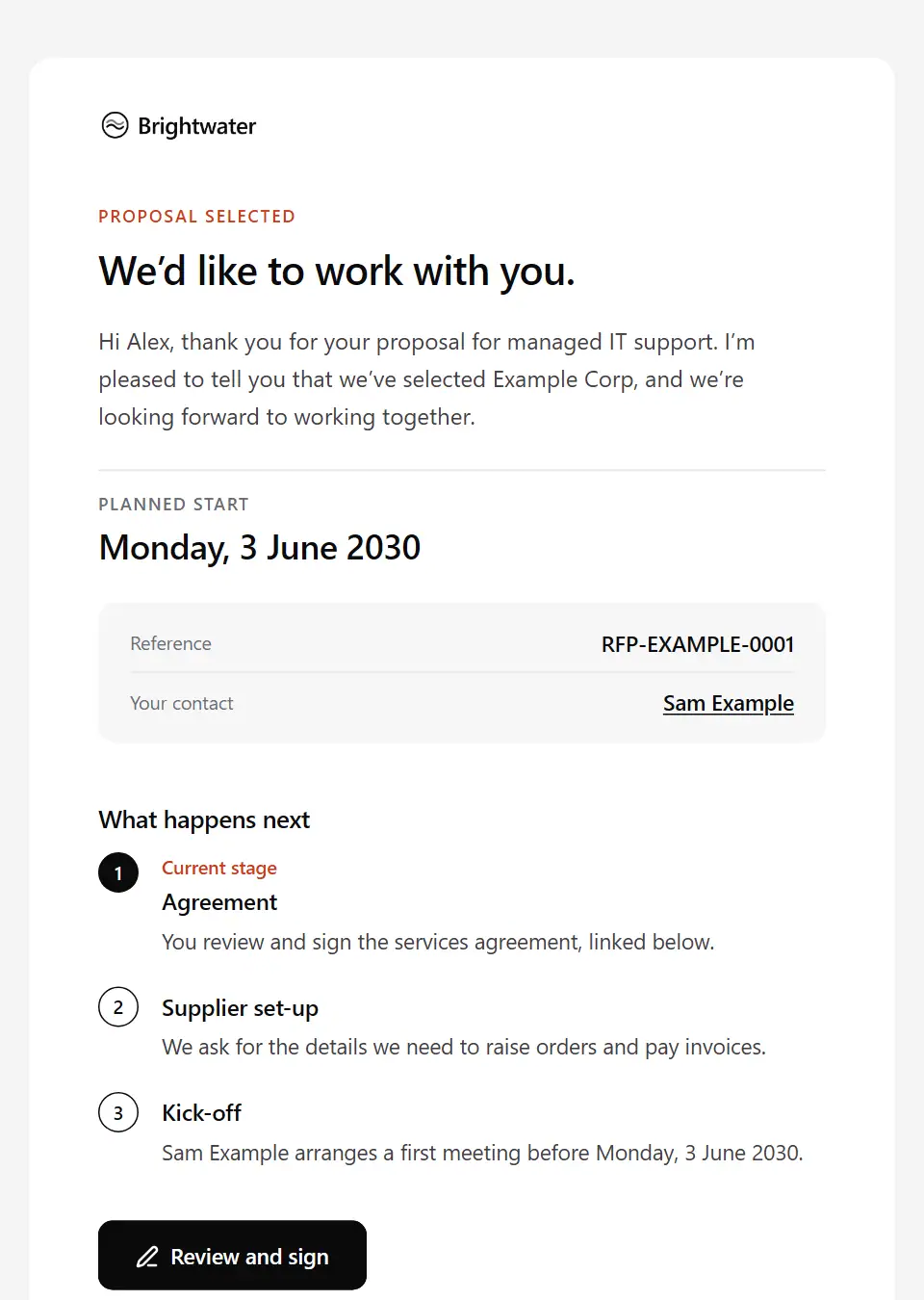 The Vendor selected template, as a recipient sees it
