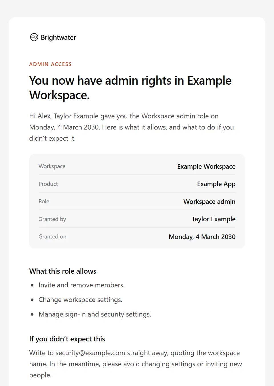 The Workspace admin role granted template, as a recipient sees it